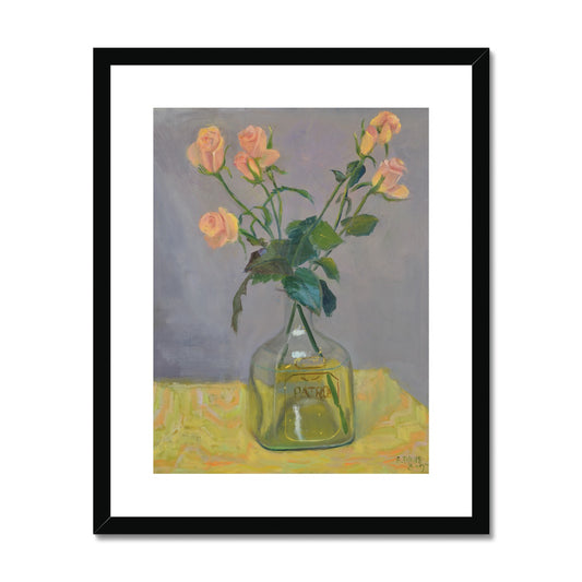 Framed Print - Peach Roses in Patron Bottle