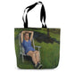 Canvas Tote Bag - Woman on Lawn with Cherry Blossoms