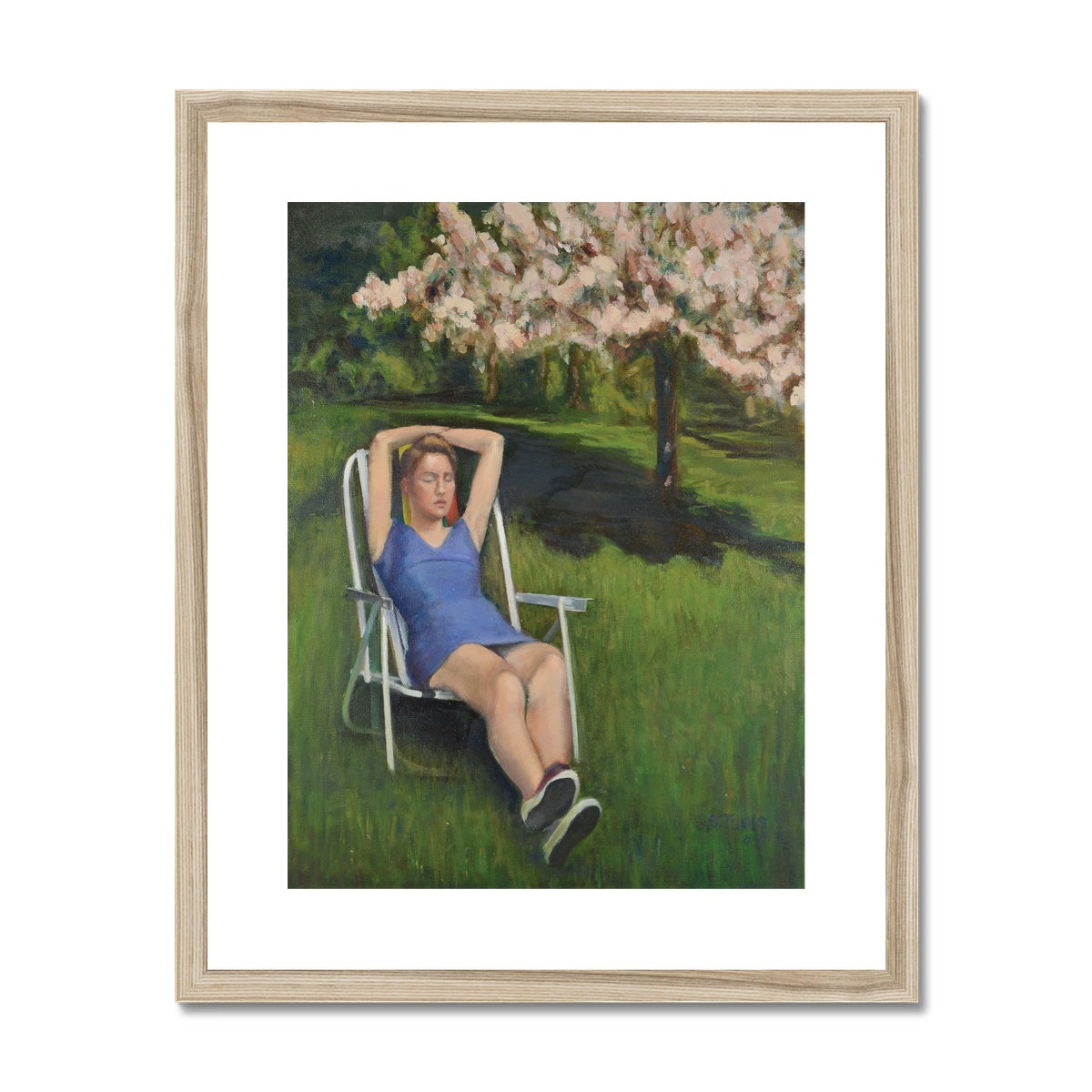 Framed Print - Woman on Lawn with Cherry Blossoms