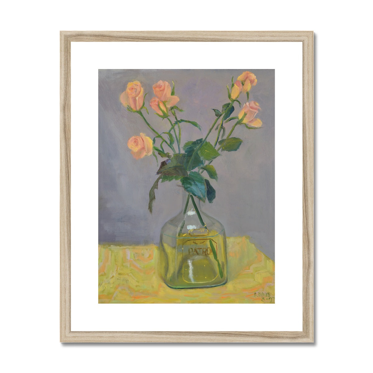 Framed Print - Peach Roses in Patron Bottle