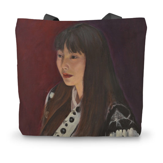 Woman with Black and White Print Canvas Tote Bag