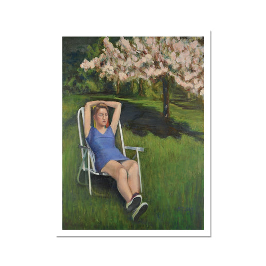 Woman on Lawn with Cherry Blossoms Fine Art Print