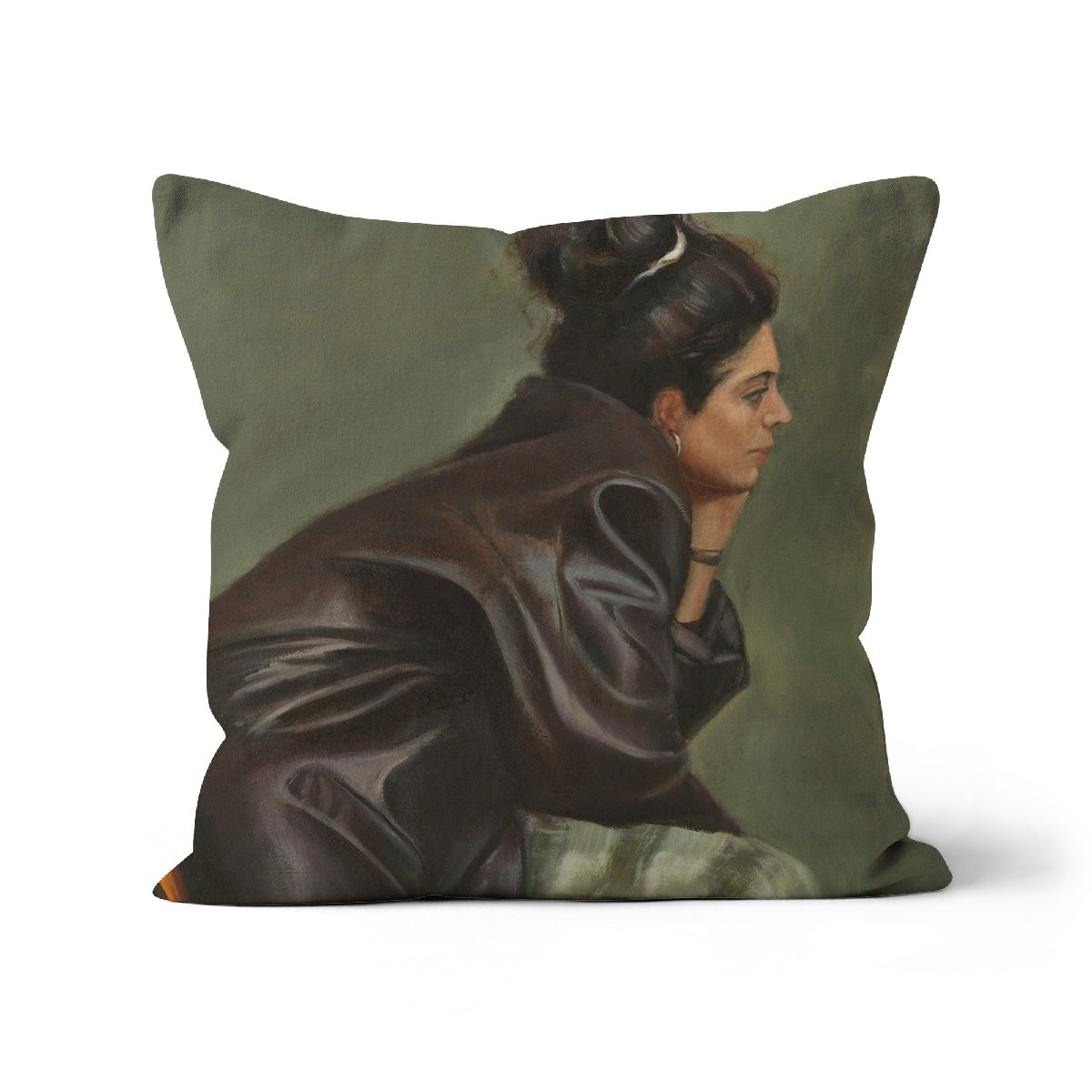 Woman in Brown Leather with Bun Cushion