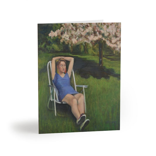 Woman on Lawn with Cherry Blossoms - Greeting cards (8 pcs)