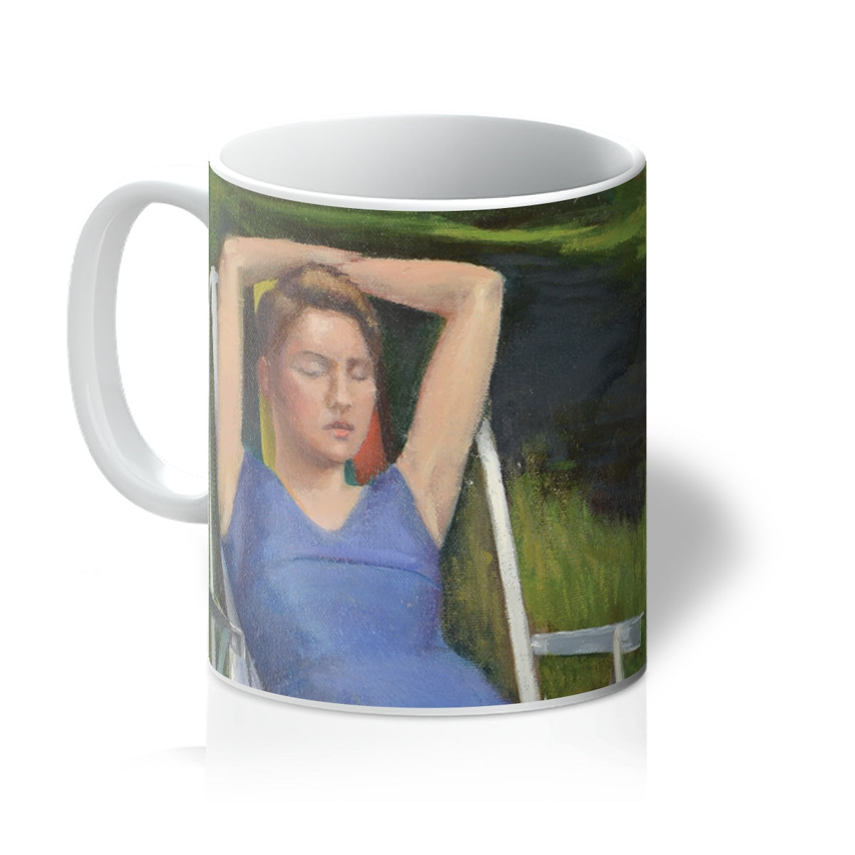 Woman on Lawn with Cherry Blossoms Mug