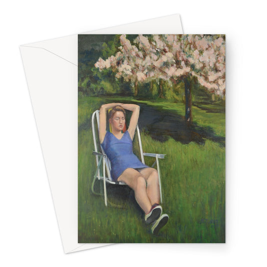 Woman on Lawn with Cherry Blossoms Greeting Card