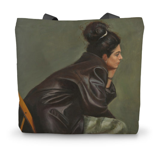 Woman in Brown Leather with Bun Canvas Tote Bag