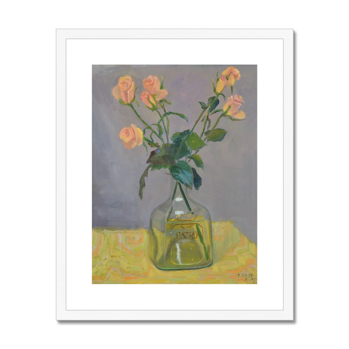 Framed Print - Peach Roses in Patron Bottle