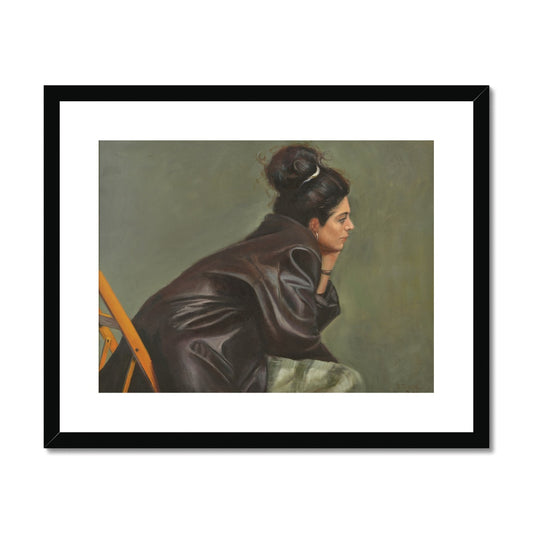 Woman in Brown Leather with Bun Framed & Mounted Print