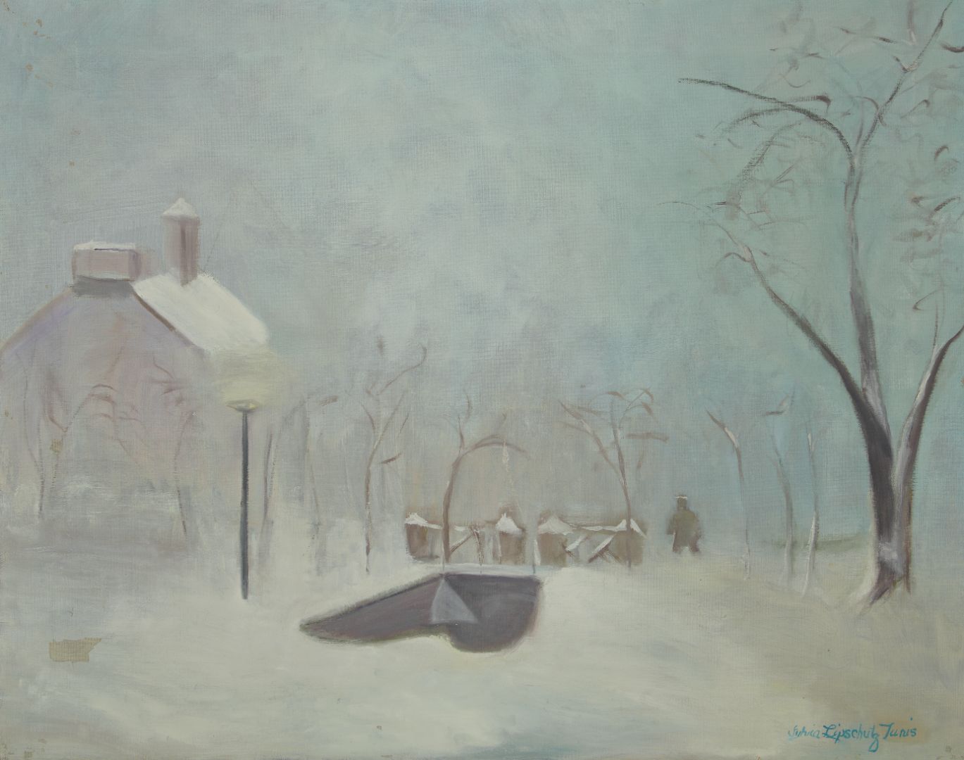 Snowy Day at Church Yard, Oil Painting