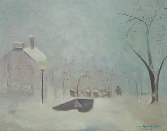 Snowy Day at Church Yard, Oil Painting