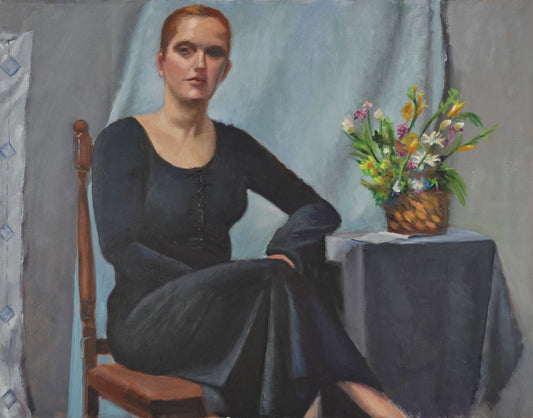 Woman In Charcoal With Flowers, Oil Painting