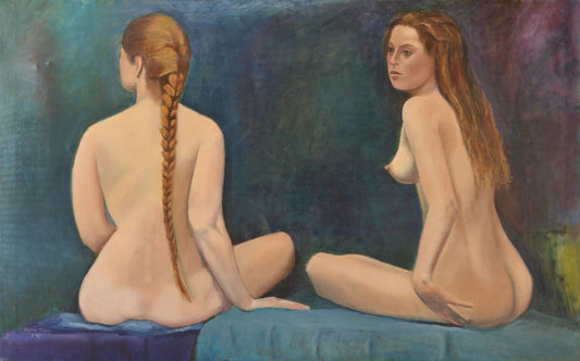 Two Female Nudes Sitting, Oil Painting