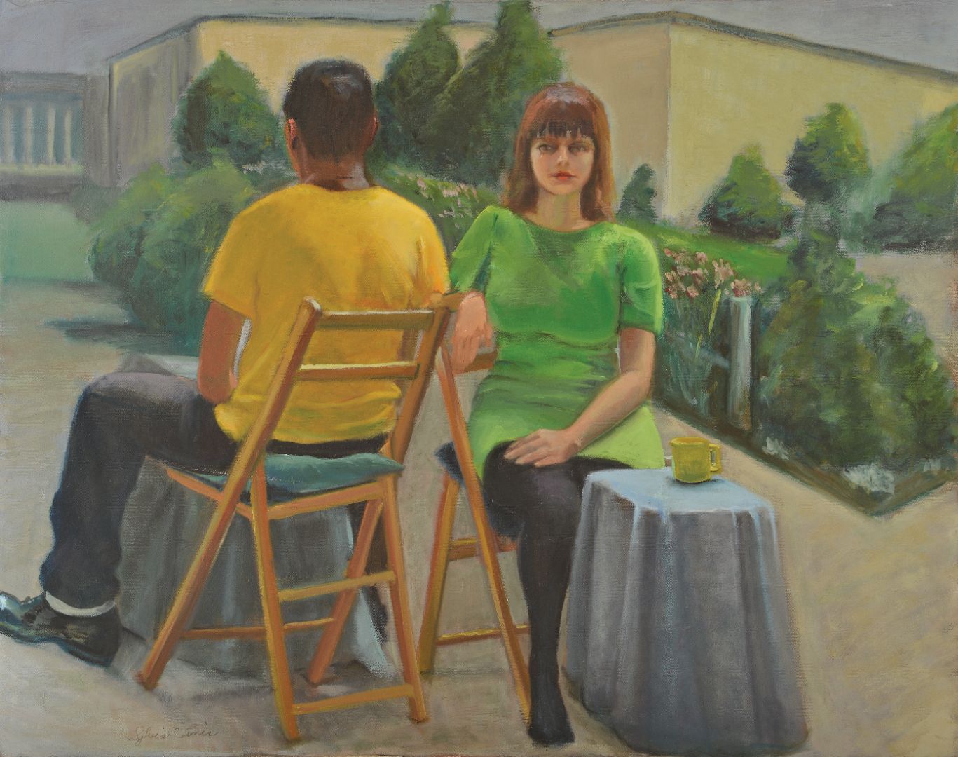 Friends Having Coffee, Oil Painting