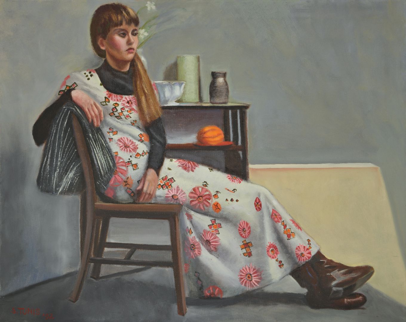 Seated Girl in Print Dress, Oil Painting