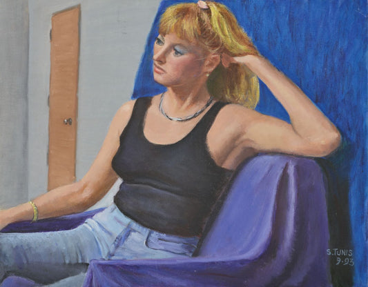 Blond Woman in Draped Chair, Oil Painting