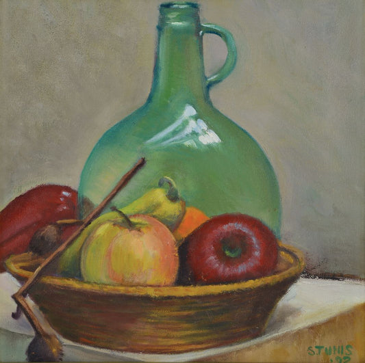 Fruit in Bowl with Green Glass Jug #2, Oil Painting