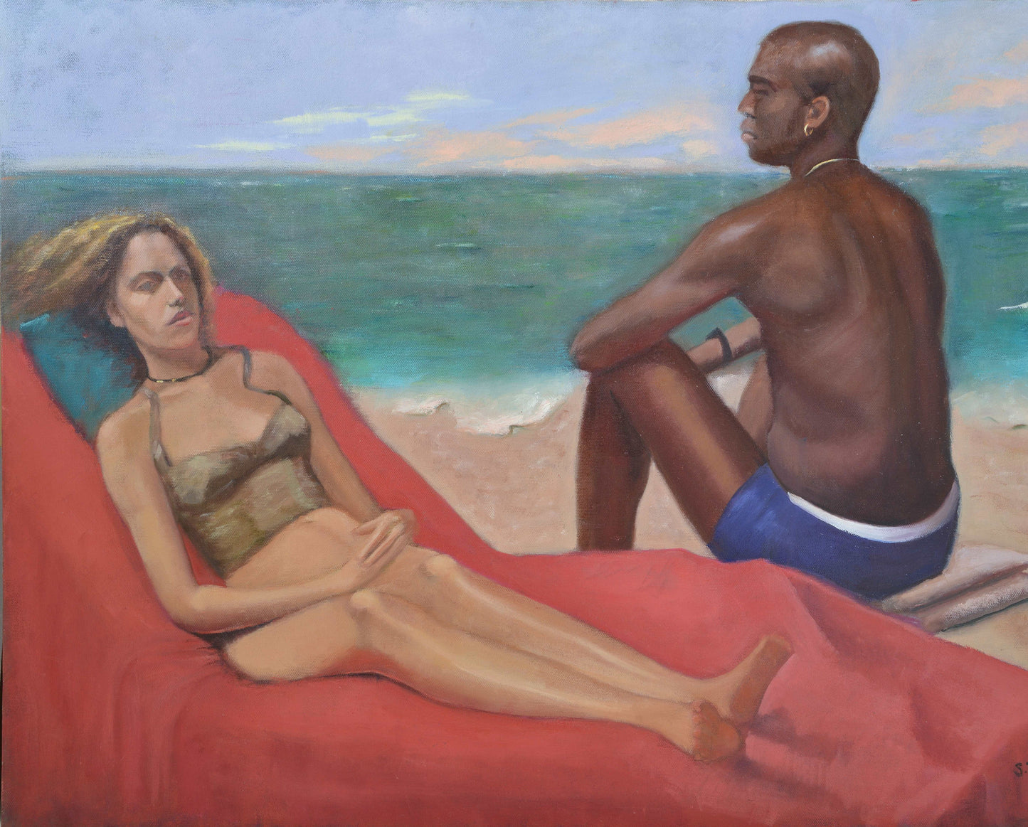 Red Lounge Chair on Beach, Oil Painting