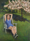 Woman on Lawn with Cherry Blossoms, Oil Painting