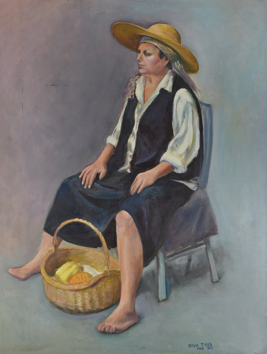 Seated Woman With Straw Hat and Basket, Oil Painting