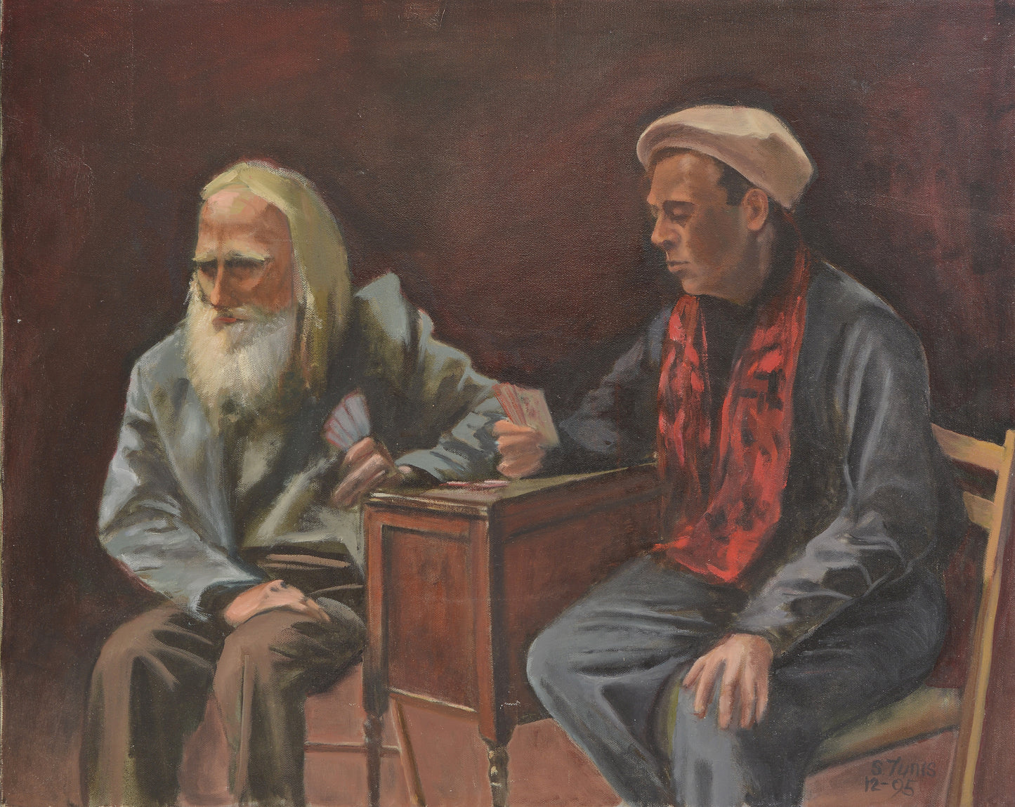 Two Men Playing Cards, Oil Painting