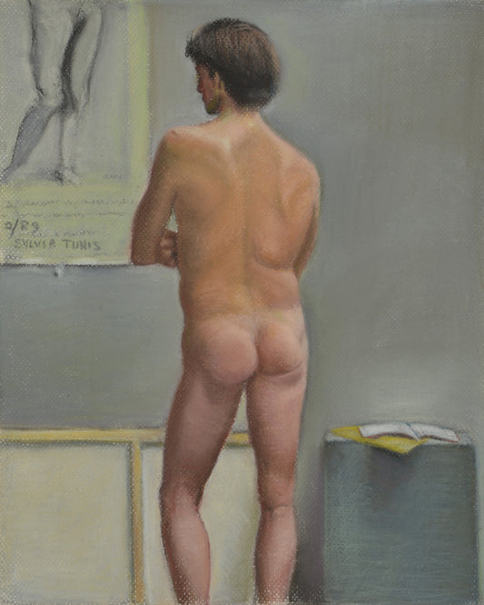 Young Man Nude From the Back with Poster, Pastel