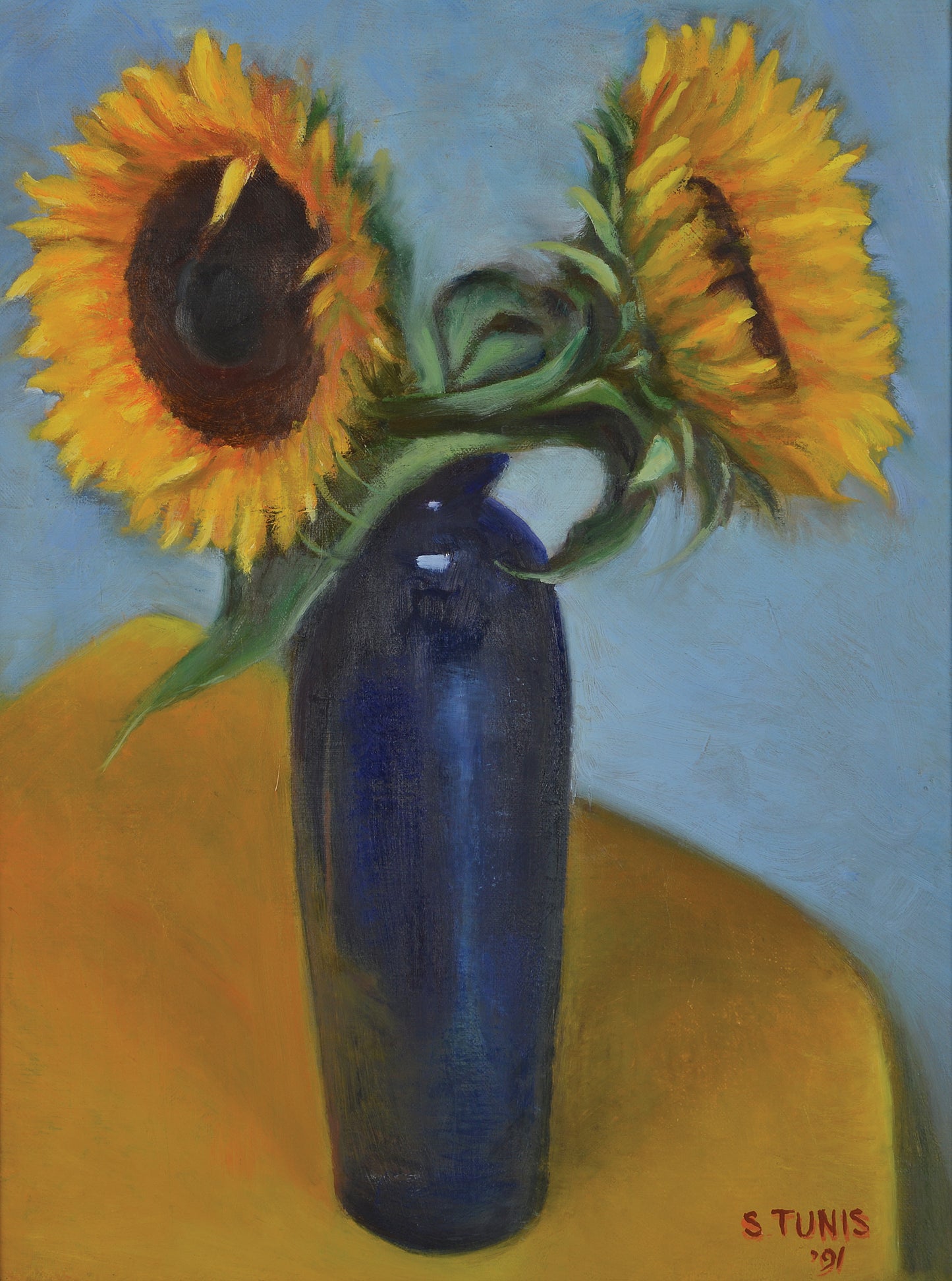 Blue Vase with Sunflowers, Oil Painting