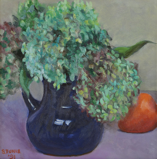 Dried Hydrangeas In Cobalt Blue Vase, Oil Painting