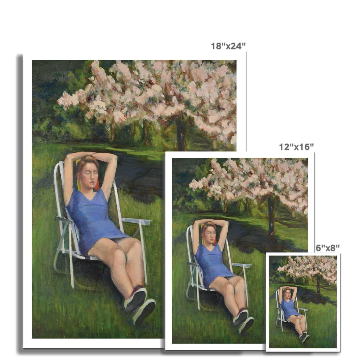 Woman on Lawn with Cherry Blossoms Fine Art Print