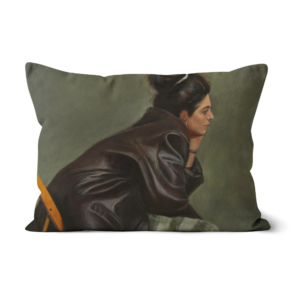 Woman in Brown Leather with Bun Cushion