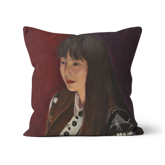 Woman with Black and White Print Cushion