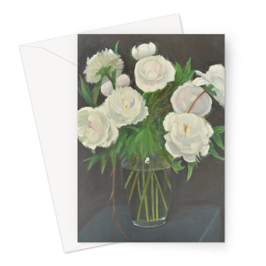 White Peonies in Glass Vase Greeting Card