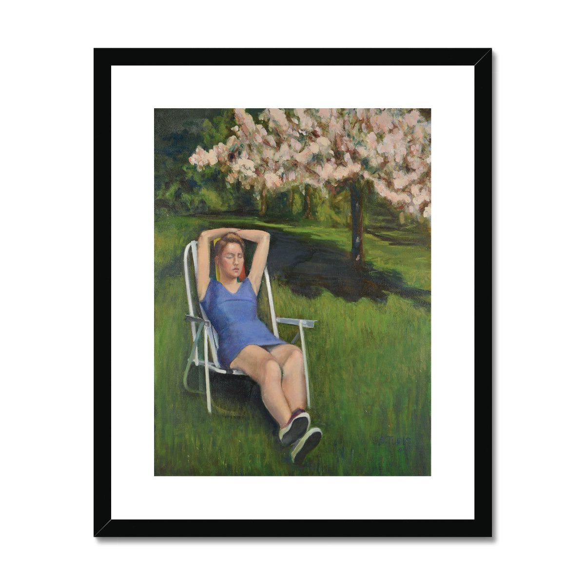 Framed Print - Woman on Lawn with Cherry Blossoms