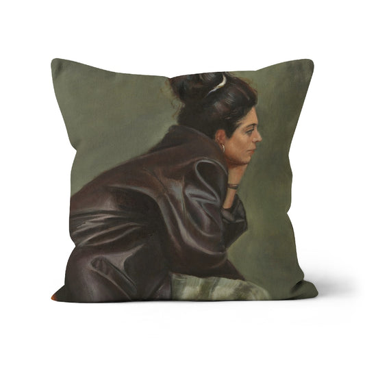 Woman in Brown Leather with Bun Cushion